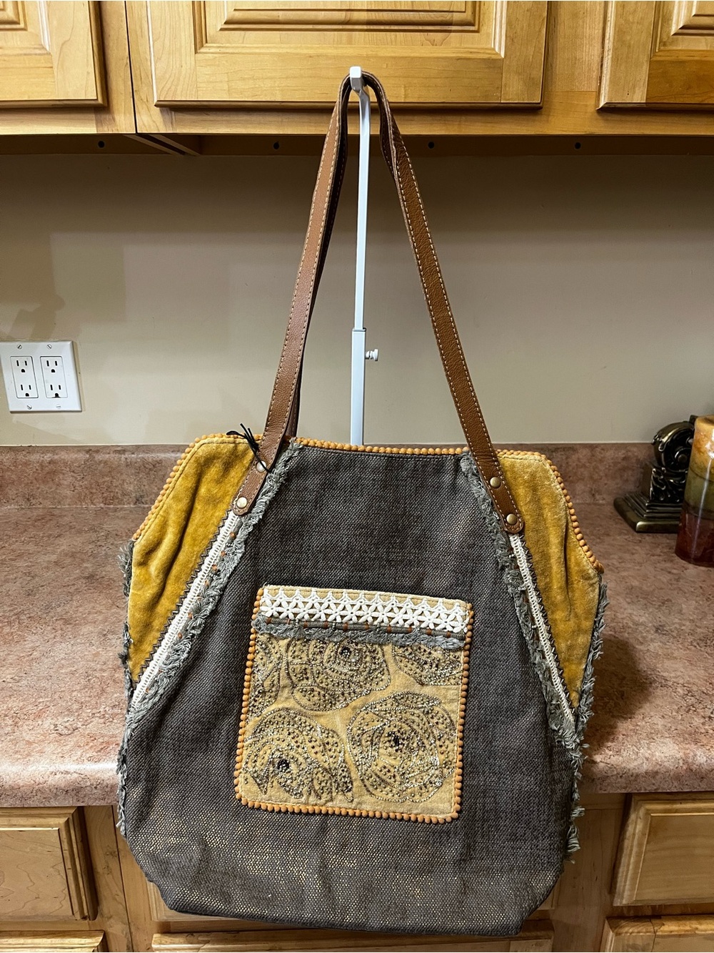 Myra Boho Patchwork Tote Bag in Brown and Mustard